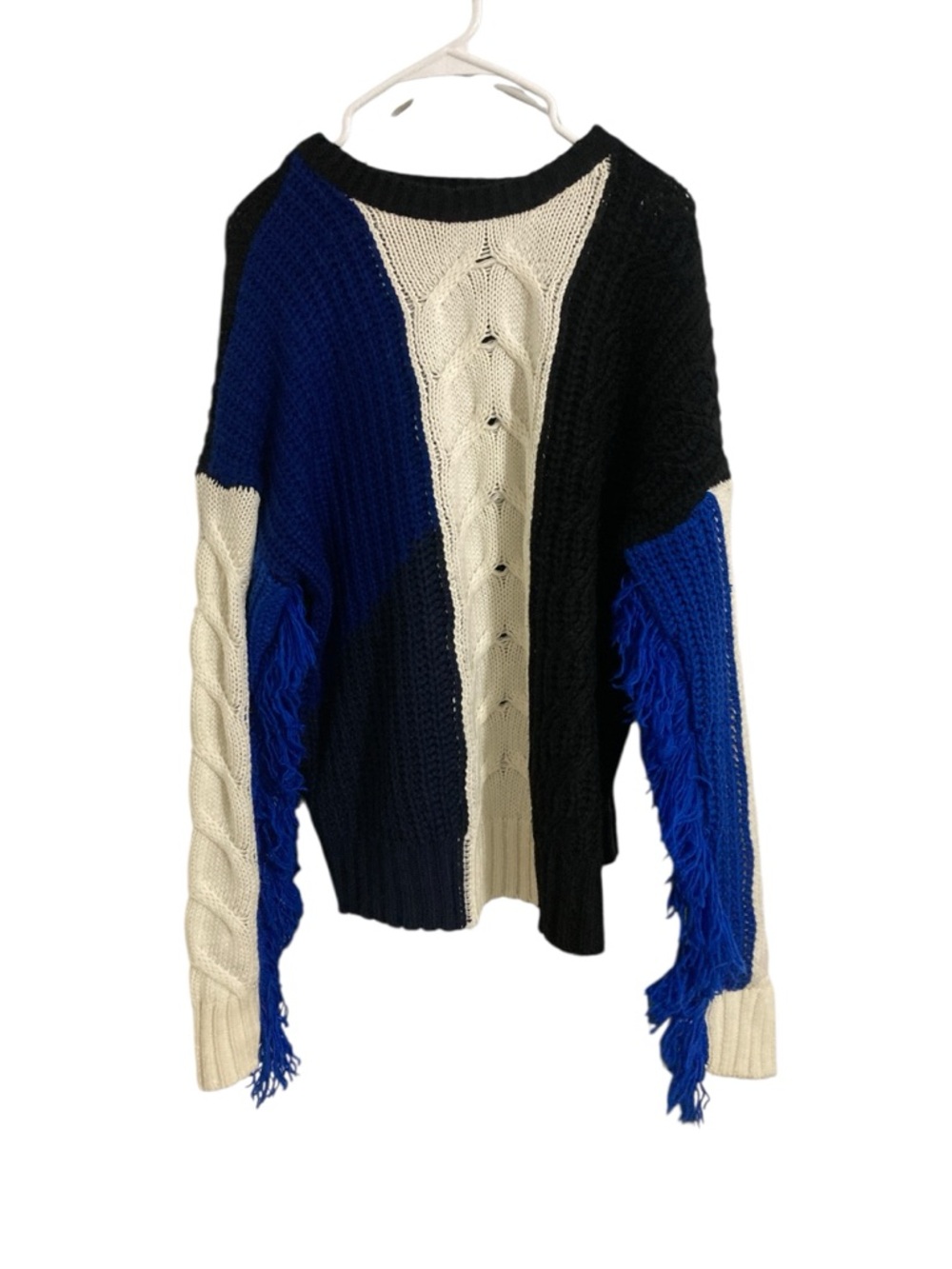 Free Generation Fringe-Sleeved Sweater-Cable Knit Sweater - Black, Blue, Cream-M
